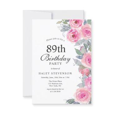 feminine pink watercolor floral chic 89th birthday invitation