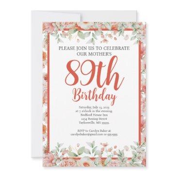 feminine watercolor floral 89th birthday party invitation
