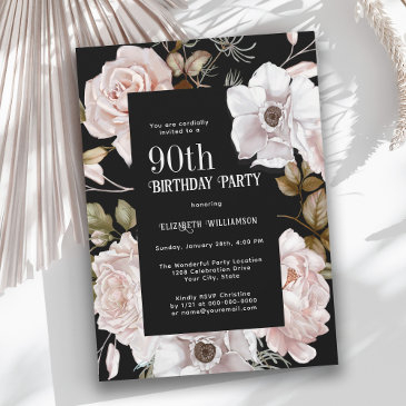 feminine watercolor floral 90th birthday party invitation