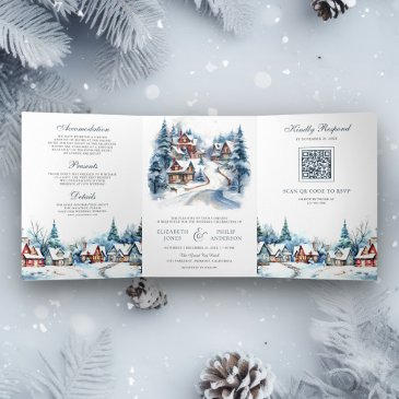 festive christmas winter village qr code wedding tri-fold invitation