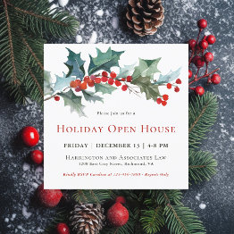 Small Festive Holly And Berries Holiday Open House Invitation Front View
