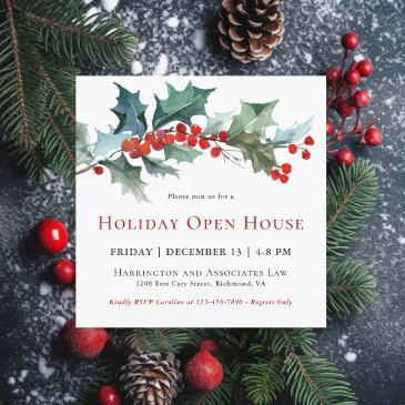 festive holly and berries holiday open house invitation