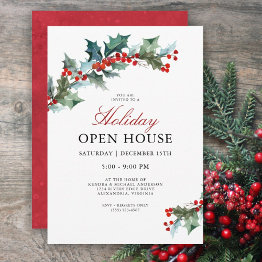 Small Festive Holly Holiday Open House Invitation Front View