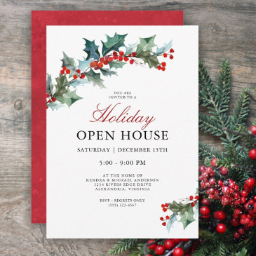festive holly holiday open house invitation