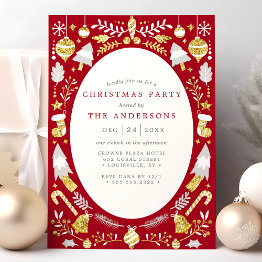 Small Festive Modern Red And Gold Christmas Party Invitation Front View