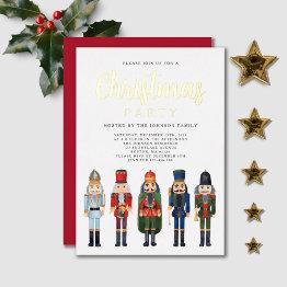 Small Festive Nutcracker Christmas Party Gold Foil Invitation Front View