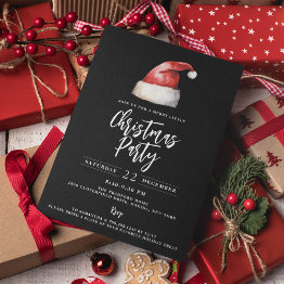 Small Festive Santa Hat Black Christmas Party Invitation Front View