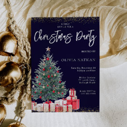 Small Festive Xmas Tree & Gifts Navy Christmas Party Invitation Front View