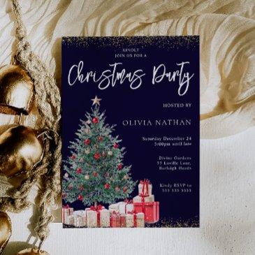 festive xmas tree & gifts navy christmas party invitation