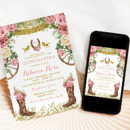 Small Fiesta Western Mexican Dusty Rose Gold Quinceañera Invitation Front View