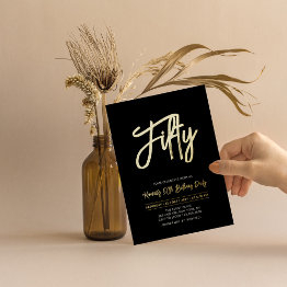 Small Fifty | Black Chic Script 50th Birthday Party Foil Invitation Front View