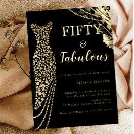Small Fifty & Fabulous Elegant Gold Dress 50th Birthday Foil Invitation Front View