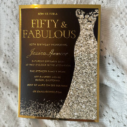 Small Fifty & Fabulous Golden Foil 50th Birthday Foil Invitation Front View