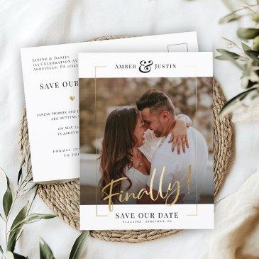finally! | modern gold square photo elegant save announcement postinvitations