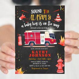 Small Fire Truck Firefighter Boy Baby Baby Shower Sound Invitation Front View