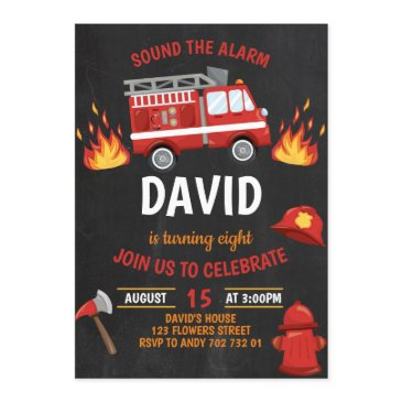 fireman boy chalkboard firetruck birthday invitation