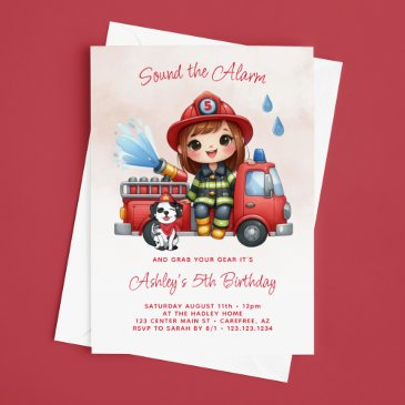 firetruck firefighter girl 5th birthday invitation