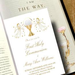 Small First Communion Golden Angels Invitation Front View