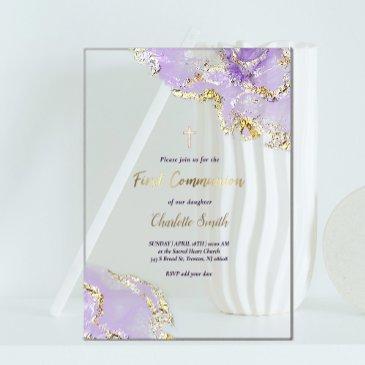 first communion lavender purple watercolor splash acrylic invitations