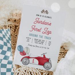 Small First Lap Around The Track Race Car 1st Birthday Invitation Front View