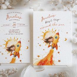 Small First Trip Around Sun Birthday Cosmic Adventure Invitation Front View
