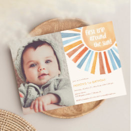 Small First Trip Around The Sun Boho 1st Birthday Photo Invitation Front View