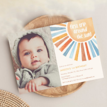 first trip around the sun boho 1st birthday photo invitation