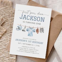 Small First Year Down Football 1st Birthday Invitation Front View