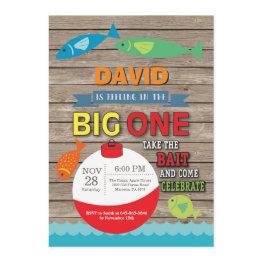 Small Fishing First Birthday Invitation Big One Rustic Front View