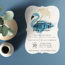 Small Flamingo Charming In Blue Baby Shower Invitation Front View