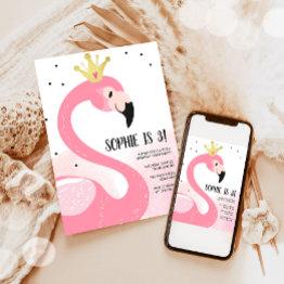 Small Flamingo Party Tropical Pink Gold Girl Birthday Invitation Front View