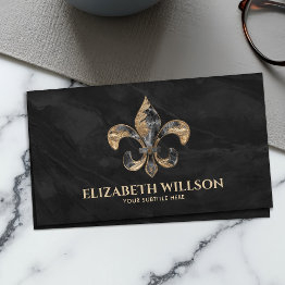 Small Fleur-de-lis Ornament Black Marble And Gold Business Invitations Front View