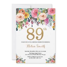 Small Floral 89th Birthday Invitation Gold Glitter Front View