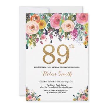 floral 89th birthday invitation gold glitter