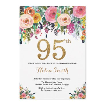 floral 95th birthday invitation gold glitter