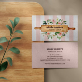 Small Floral Bakery Rolling Pin Patisserie Striped Business Invitations Front View