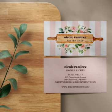 floral bakery rolling pin patisserie striped business invitations