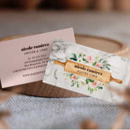 Small Floral Bakery Rolling Pin Patisserie White Marble Business Invitations Front View