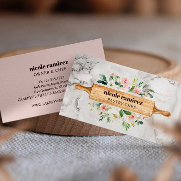 floral bakery rolling pin patisserie white marble business invitations