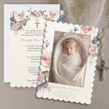 floral baptism baby photo scripture cross invitation