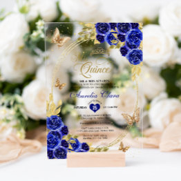 Small Floral Blue Gold Tiara Butterfly Mis Quinceañera Acrylic Invitations Front View