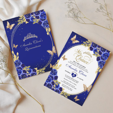 floral blue gold tiara butterfly mis quinceañera invitation
