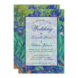 Small Floral Blue Irises Van Gogh Wedding Calligraphy Invitation Front View