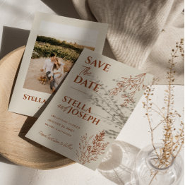 Small Floral Boho Beige Terracotta Earthy Modern Wedding Save The Date Front View