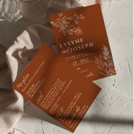 Small Floral Boho Chic Terracotta All In One Wedding Invitation Front View