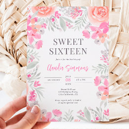 Small Floral Botanical Garden Pink Peach Sweet 16 Invitation Front View