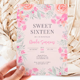 Small Floral Botanical Garden Pink Peach Sweet 16 Invitation Front View