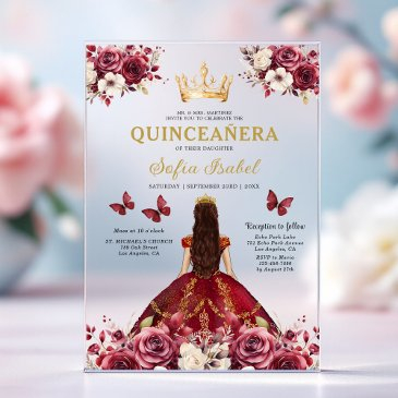 floral burgundy butterfly princess quinceanera acrylic invitations