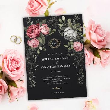 floral dark moody monogram wedding invitation