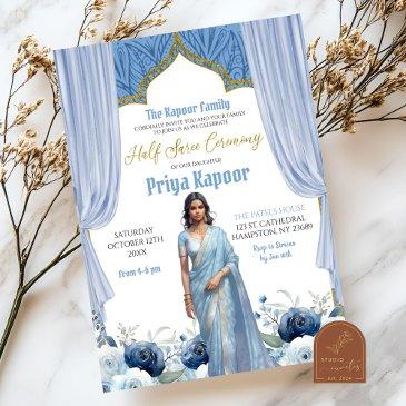 floral dusty blue half saree indian girl ceremony invitation